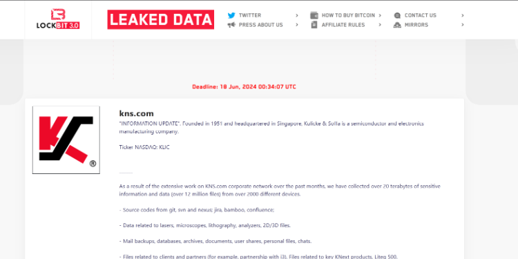 半导体巨头Kulicke & Soffa披露数据泄露事件，1200万个文件遭泄露