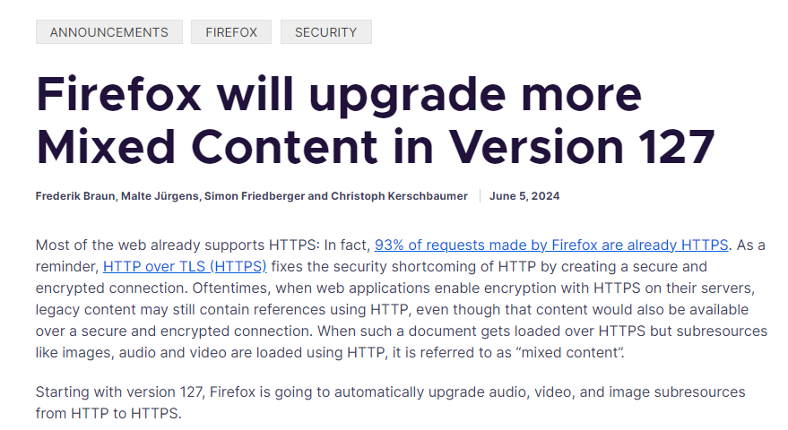 Firefox 127版将更多混合内容升级到HTTPS