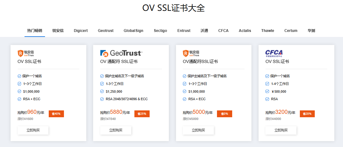 OV SSL证书一年多少钱?