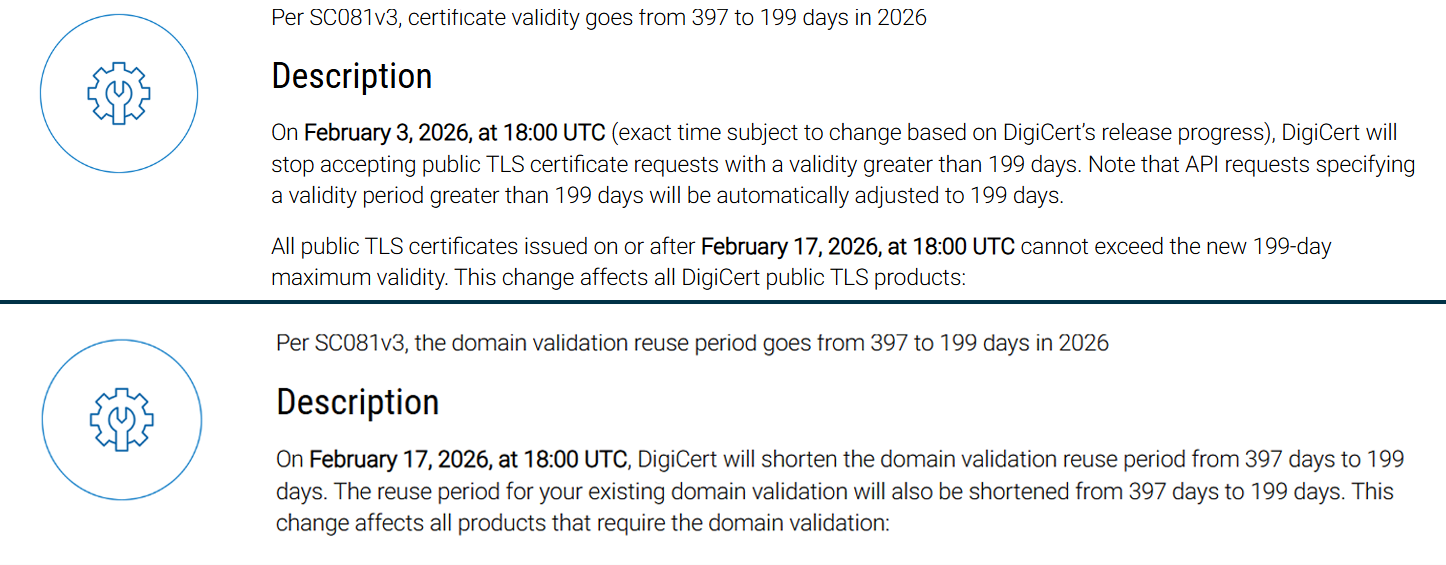 重要通知：DigiCert将调整SSL证书有效期与域名验证数据重复使用期为199天